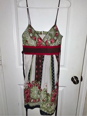 Teeze Me Green and Burgundy Floral Patchwork Spaghetti-Strap Dress
